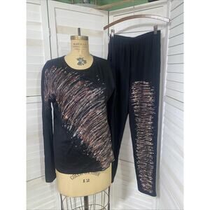 VTG 80s 90s Units 2 Piece Outfit Ladies Black Cotton Knit Pants Top Paint Large